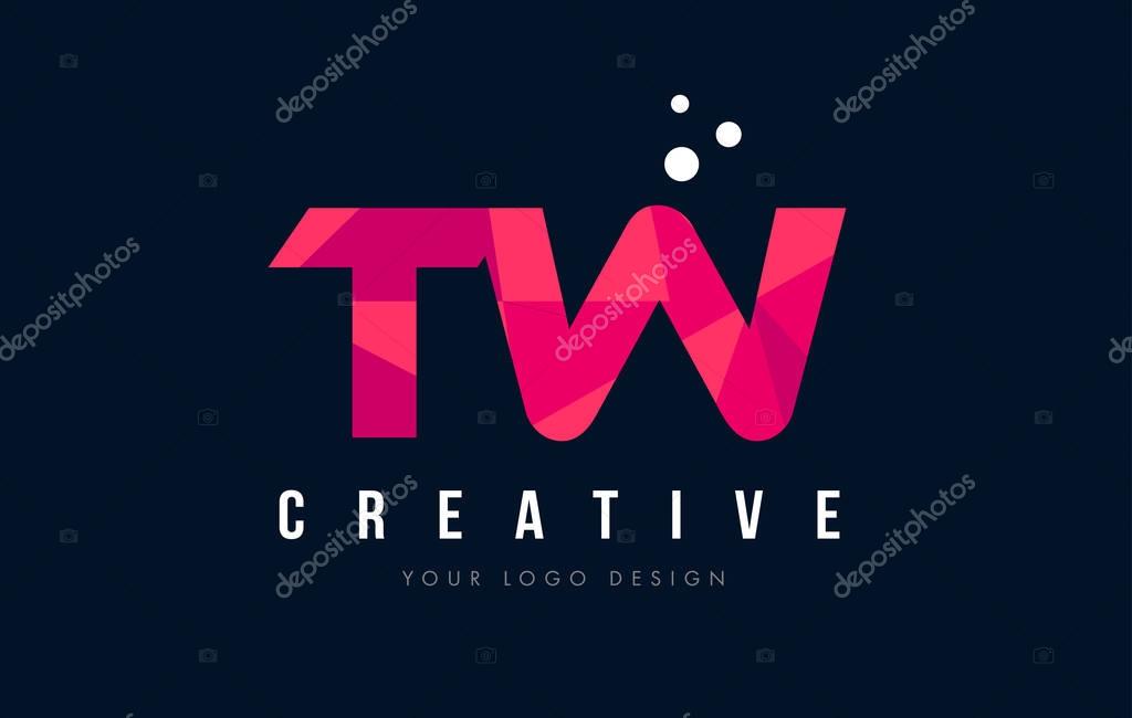 TW T W Purple Letter Logo Design with Low Poly Pink Triangles Concept