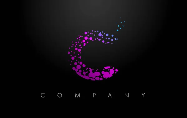 C logotipo da carta com partículas roxas e bolhas — Vetor de Stock
