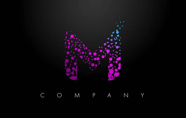 Λογότυπο γράμμα M με μοβ σωματίδια και φούσκα τελείες — Διανυσματικό Αρχείο