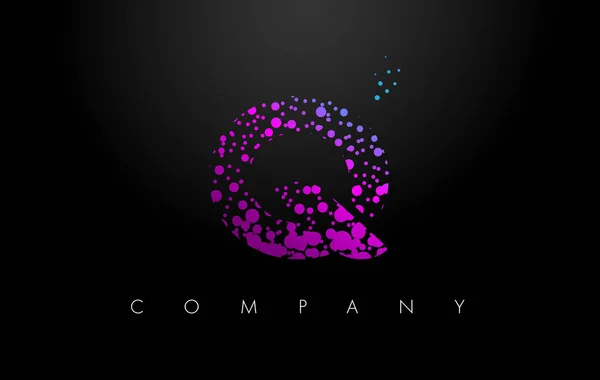 Q Lettera logo con particelle viola e puntini di bolla — Vettoriale Stock