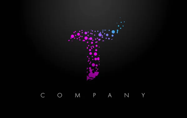 T лист логотип з фіолетовим частинок і міхур точок — стоковий вектор