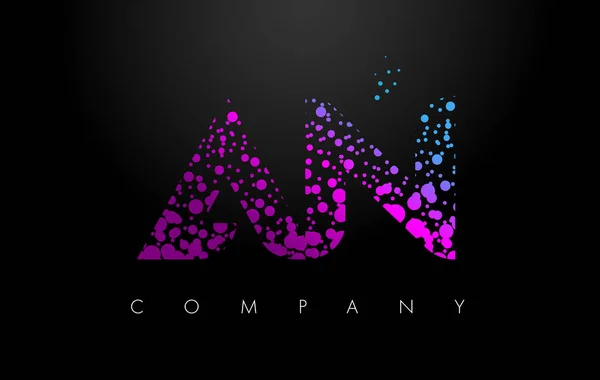 Logotipo de letra AN A N con partículas púrpuras y puntos de burbuja — Vector de stock
