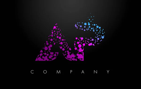 AP A P lettre logo avec des particules violettes et des points à bulles — Image vectorielle