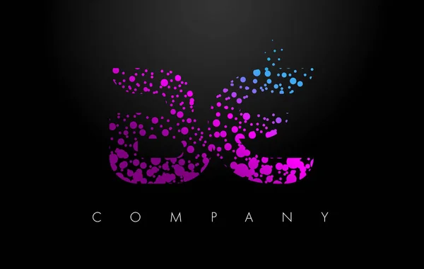 BE B E Letter Logo with Purple Particles and Bubble Dots — Stock Vector