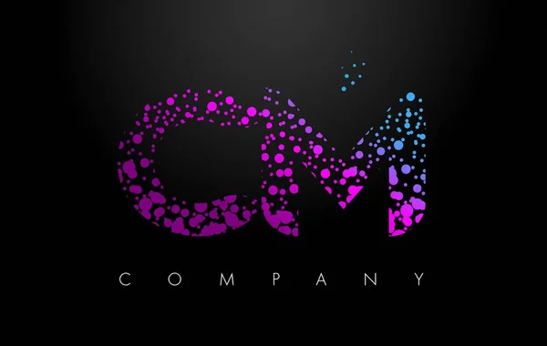 Logo CM C M Carta con partículas púrpuras y puntos de burbuja — Archivo Imágenes Vectoriales