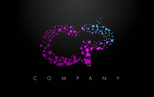 Logotipo de la letra CP C P con partículas púrpuras y puntos de burbuja — Vector de stock