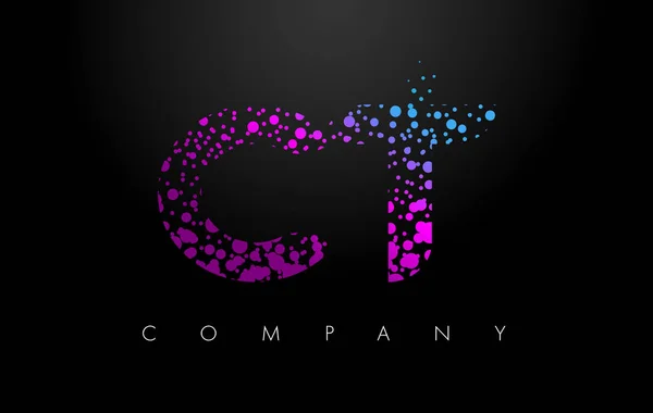 КТ С Т лист логотип з фіолетовим частинок і міхур точок — стоковий вектор