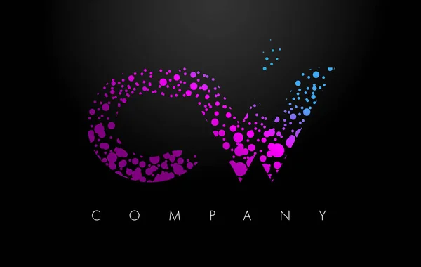 Logo lettera CW C W con particelle viola e punti di bolla — Vettoriale Stock