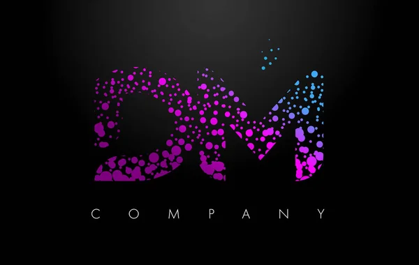 DM D λογότυπο γράμμα M με μοβ σωματίδια και φούσκα τελείες — Διανυσματικό Αρχείο