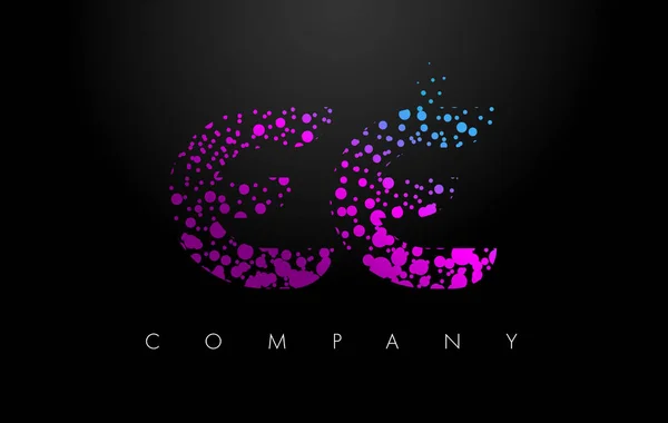 Ee E E list Logo fioletowy cząstek i kropki Bubble — Wektor stockowy