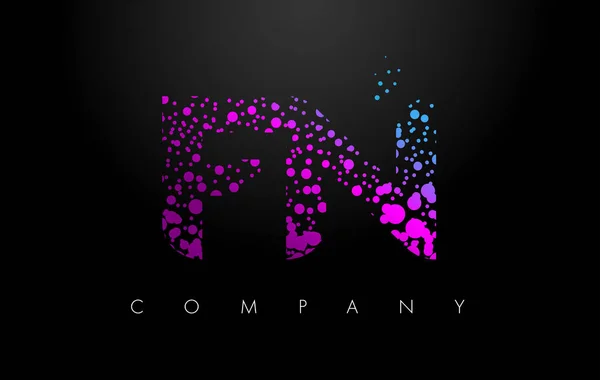 Logo de la letra FN F N con partículas púrpuras y puntos de burbuja — Archivo Imágenes Vectoriales