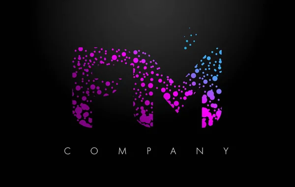 Logotipo de letra FM F M com partículas roxas e bolhas — Vetor de Stock