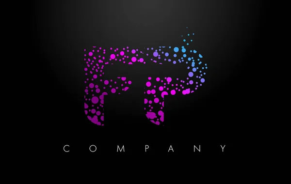 Fp f p letter logo mit lila Partikeln und Bubble Dots — Stockvektor