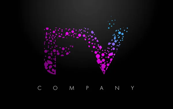 Γράμμα V F FV λογότυπο με μοβ σωματίδια και φούσκα τελείες — Διανυσματικό Αρχείο