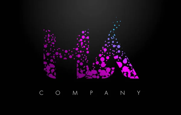 HA H Logotipo de una letra con partículas púrpuras y puntos de burbuja — Vector de stock