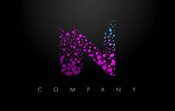Logotipo de letra IN I N con partículas púrpuras y puntos de burbuja — Vector de stock