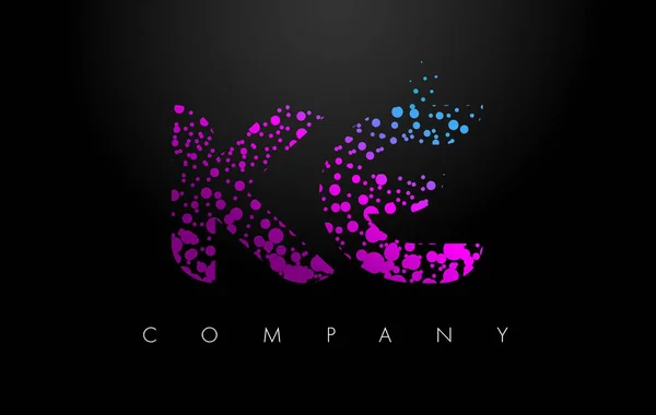 KE K E Letter Logo with Purple Particles and Bubble Dots — Stock Vector