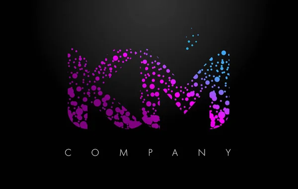 Km K M brev logotyp med lila partiklar och bubbla prickar — Stock vektor