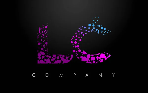 Purple partikül ve kabarcık noktalar ile LC L C harfi Logo — Stok Vektör