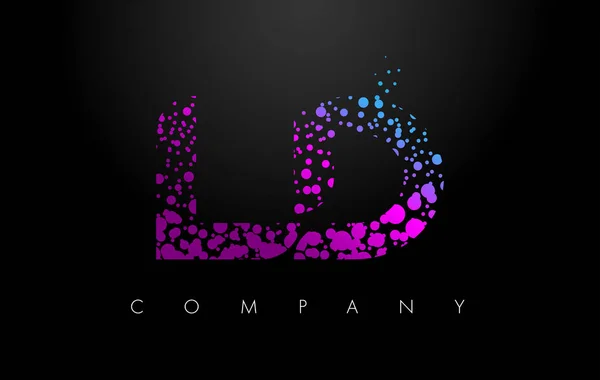 Γράμμα D L LD λογότυπο με μοβ σωματίδια και φούσκα τελείες — Διανυσματικό Αρχείο
