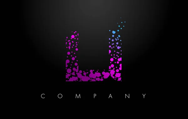 Logotipo de la letra LI L I con partículas púrpuras y puntos de burbuja — Vector de stock