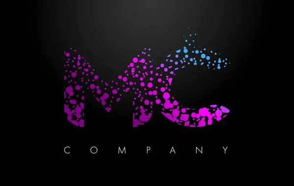 Logo MC M C Carta con partículas púrpuras y puntos de burbuja — Vector de stock