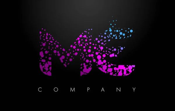 ME M E logotipo da carta com partículas roxas e pontos de bolha — Vetor de Stock