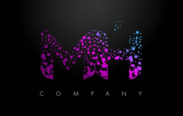 MH M H Letter Logo with Purple Particles and Bubble Dots — Stock Vector