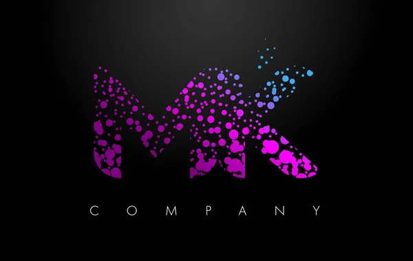 MK K M επιστολή λογότυπο με μοβ σωματίδια και φούσκα τελείες — Διανυσματικό Αρχείο