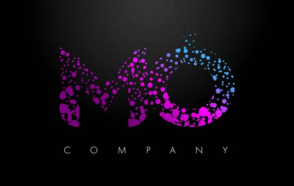 Logotipo MO M O Carta con partículas púrpuras y puntos de burbuja — Archivo Imágenes Vectoriales