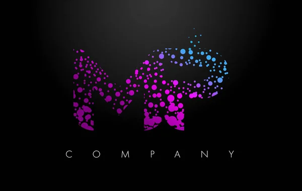 MP M P Letter Logo with Purple Particles and Bubble Dots — Stock Vector