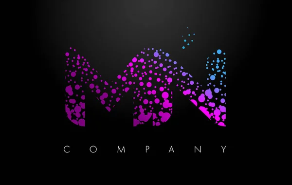 Mn M N brev logotyp med lila partiklar och bubbla prickar — Stock vektor