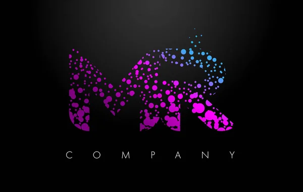 MR M R logotipo da carta com partículas roxas e pontos bolha — Vetor de Stock