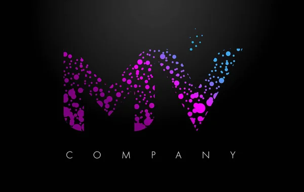 MV M V list Logo fioletowy cząstek i kropki Bubble — Wektor stockowy