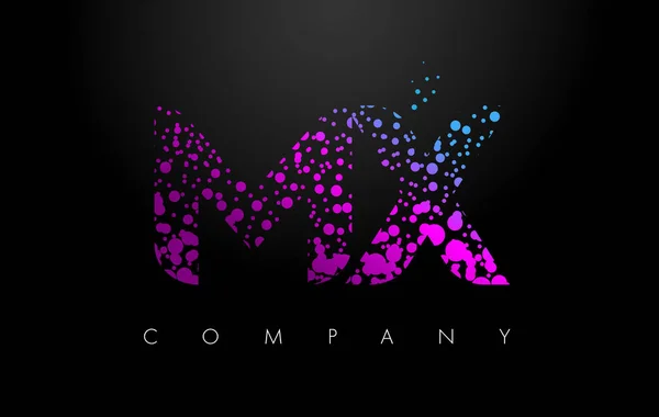 MX M X γράμμα λογότυπο με μοβ σωματίδια και φούσκα τελείες — Διανυσματικό Αρχείο