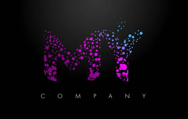 Logotipo de mi carta M Y con partículas púrpuras y puntos de burbuja — Vector de stock
