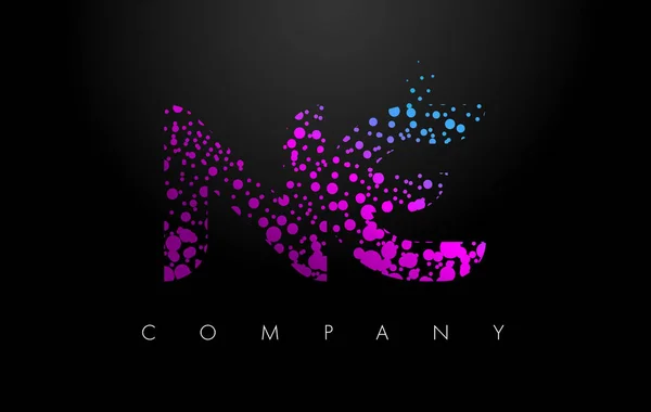 NE N E Letter Logo with Purple Particles and Bubble Dots — Stock Vector