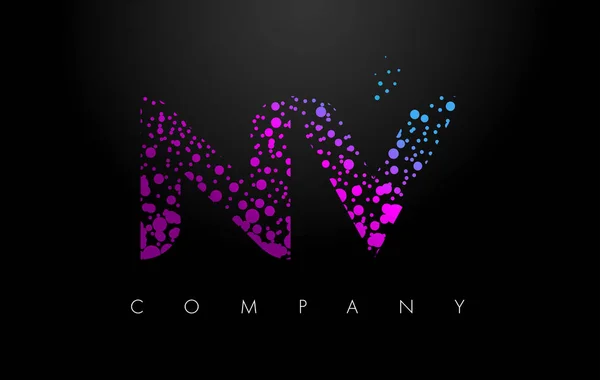 Logotipo de la carta NV N V con partículas púrpuras y puntos de burbuja — Vector de stock