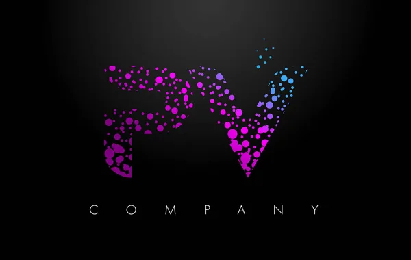 Logotipo de letra PV P V com partículas roxas e pontos bolha —  Vetores de Stock