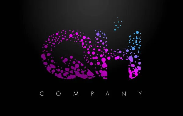 Logotipo de la letra QH G H con partículas púrpuras y puntos de burbuja — Vector de stock
