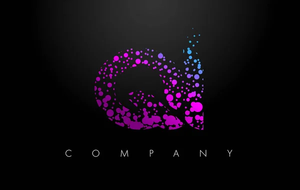 Logotipo de la letra QI Q I con partículas púrpura y puntos de burbuja — Vector de stock