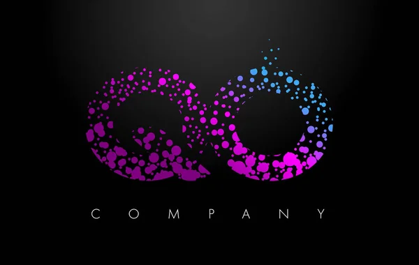 Purple partikül ve kabarcık noktalar ile qo Q O mektup Logo — Stok Vektör