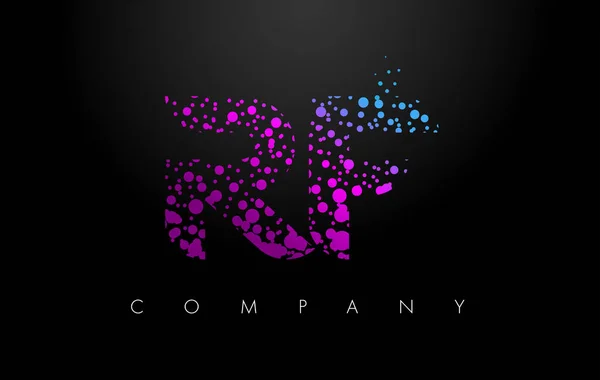 RF R F Lettre logo avec des particules violettes et des points à bulles — Image vectorielle