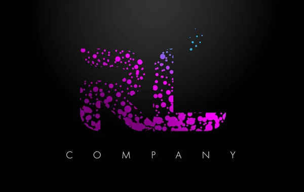Logotipo de letra RL R L con partículas púrpuras y puntos de burbuja — Vector de stock