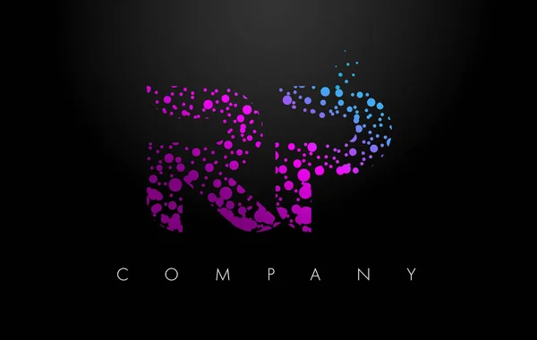 RP R P Lettre logo avec des particules violettes et des points à bulles — Image vectorielle