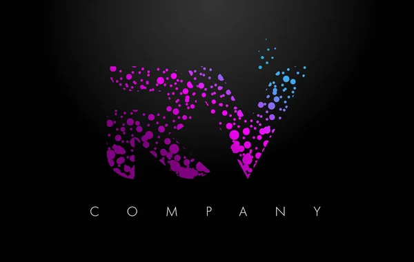 RV R V Letter Logo with Purple Particles and Bubble Dots — Stock Vector