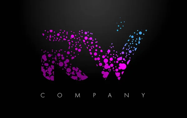 RW R W Letter Logo with Purple Particles and Bubble Dots — Stock Vector