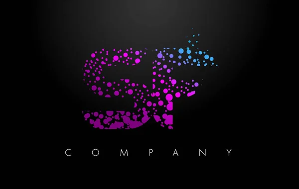 Sf s f Buchstabe Logo mit lila Teilchen und Blase Punkte — Stockvektor