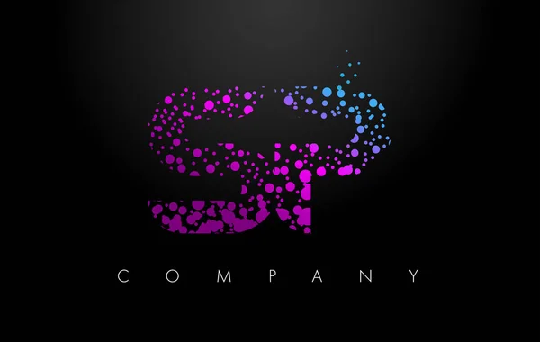 SP S P brief Logo met paarse deeltjes en Bubble Dots — Stockvector