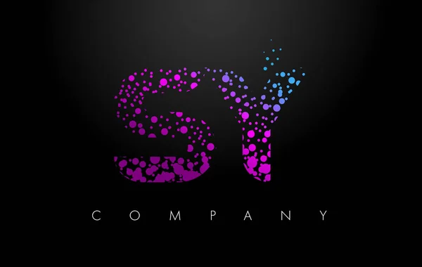 Sy s y Letter Logo mit lila Teilchen und Blasenpunkten — Stockvektor